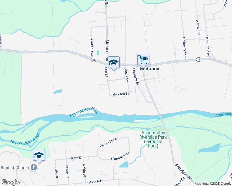 map of restaurants, bars, coffee shops, grocery stores, and more near 6624 Johnston Street in Petersburg