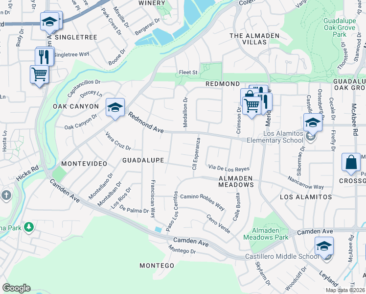 map of restaurants, bars, coffee shops, grocery stores, and more near 1428 Calle De La Paz in San Jose