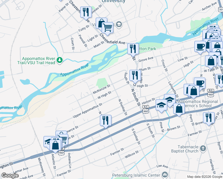 map of restaurants, bars, coffee shops, grocery stores, and more near 909 West High Street in Petersburg