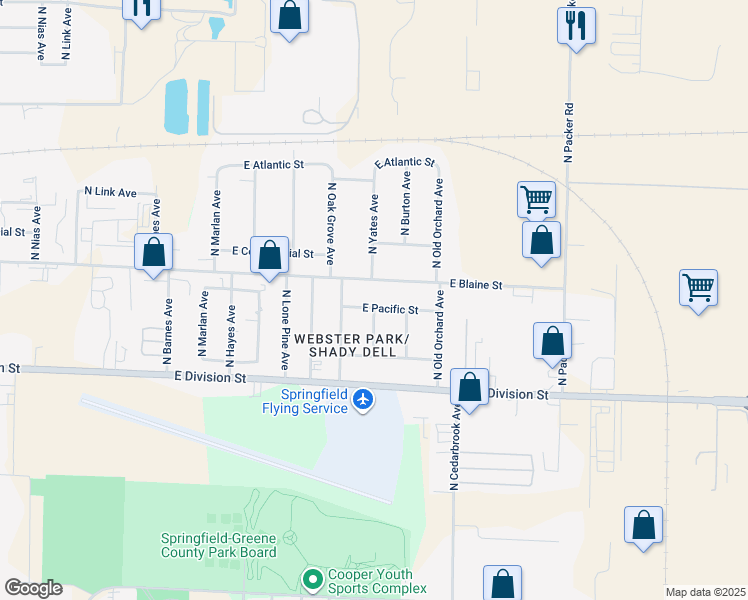 map of restaurants, bars, coffee shops, grocery stores, and more near 2623-2637 East Blaine Street in Springfield