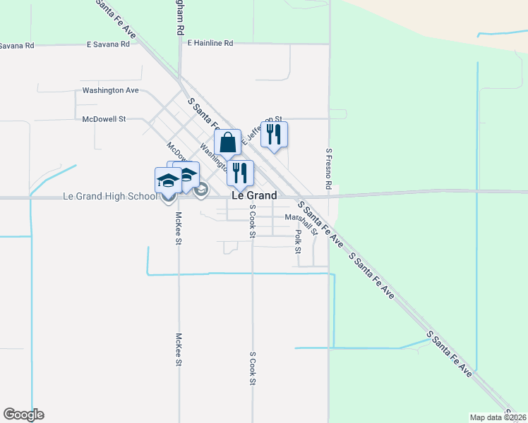 map of restaurants, bars, coffee shops, grocery stores, and more near 13284 Marshall Street in Le Grand