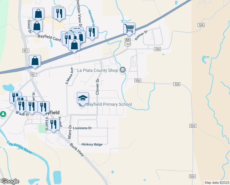 map of restaurants, bars, coffee shops, grocery stores, and more near 727 Lupine in Bayfield