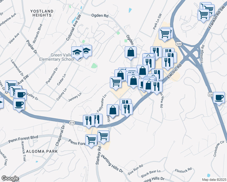 map of restaurants, bars, coffee shops, grocery stores, and more near 4387 Starkey Road in Roanoke