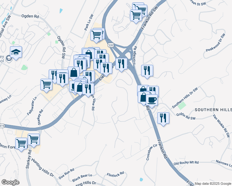 map of restaurants, bars, coffee shops, grocery stores, and more near 5476 The Peaks Drive in Roanoke