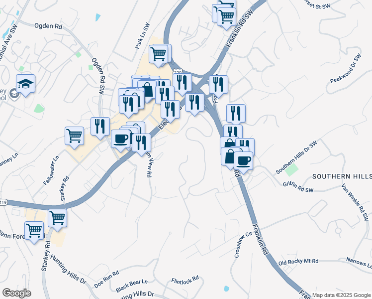 map of restaurants, bars, coffee shops, grocery stores, and more near 5476 The Peaks Drive in Roanoke