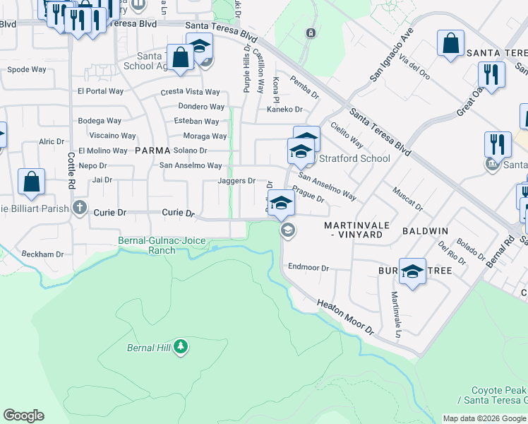 map of restaurants, bars, coffee shops, grocery stores, and more near 6568 Bison Court in San Jose