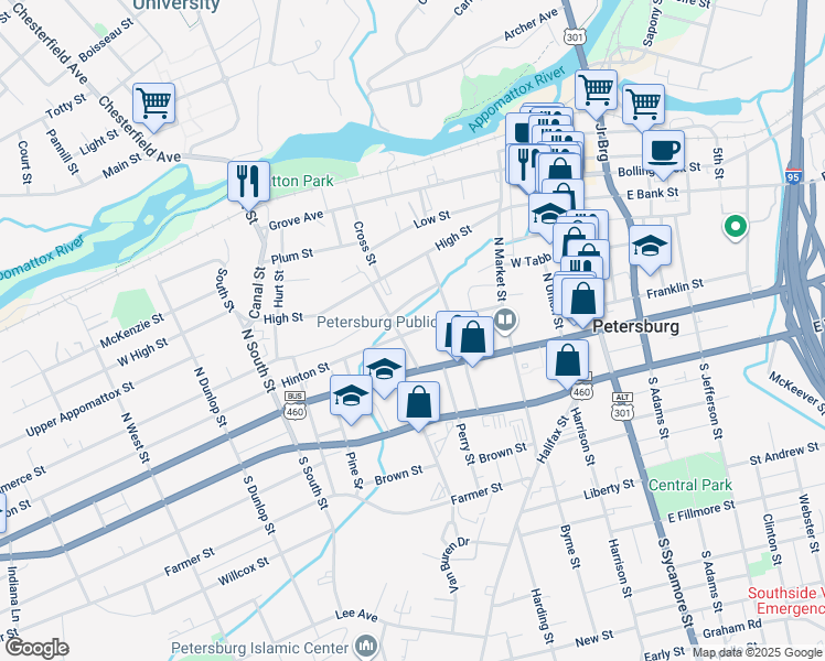 map of restaurants, bars, coffee shops, grocery stores, and more near 310-440 Commerce Street in Petersburg
