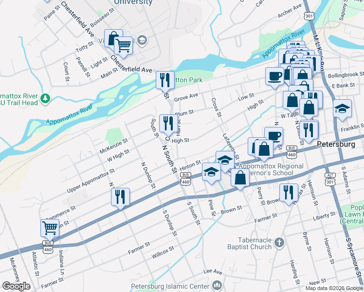 map of restaurants, bars, coffee shops, grocery stores, and more near 625 High Street in Petersburg