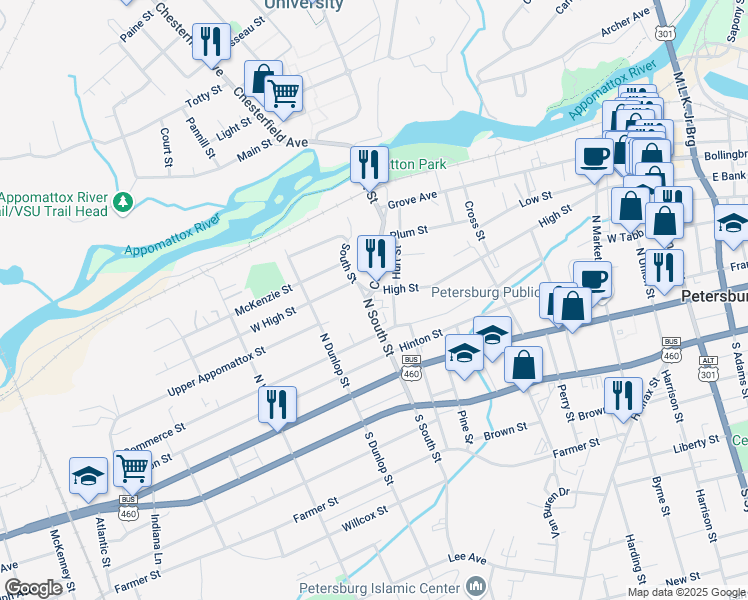 map of restaurants, bars, coffee shops, grocery stores, and more near 715 High Street in Petersburg