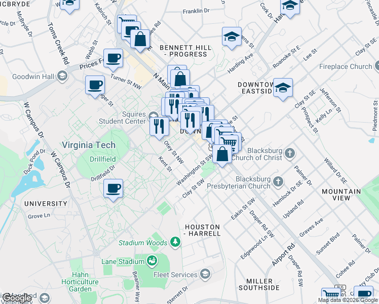 map of restaurants, bars, coffee shops, grocery stores, and more near 102 Draper Road Northwest in Blacksburg