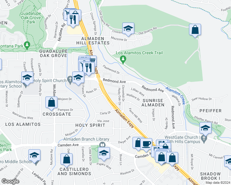 map of restaurants, bars, coffee shops, grocery stores, and more near 1113 Silver Oak Court in San Jose
