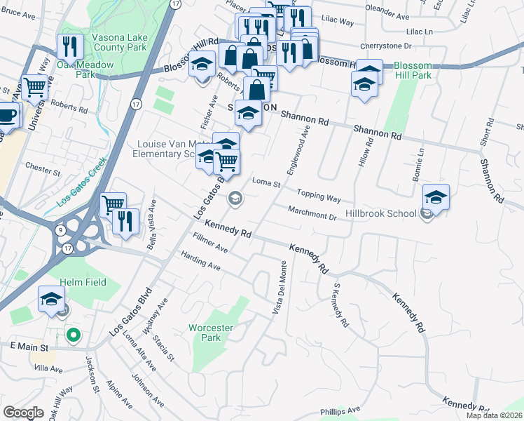 map of restaurants, bars, coffee shops, grocery stores, and more near 16583 Englewood Avenue in Los Gatos