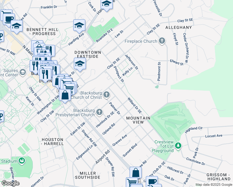 map of restaurants, bars, coffee shops, grocery stores, and more near 613 Kentwood Drive in Blacksburg