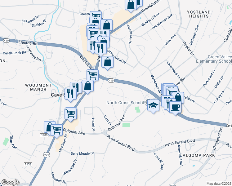map of restaurants, bars, coffee shops, grocery stores, and more near 4526 Hammond Lane in Roanoke
