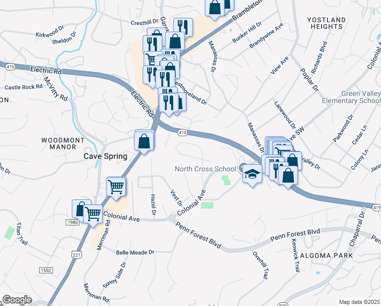 map of restaurants, bars, coffee shops, grocery stores, and more near 4526 Hammond Lane in Roanoke