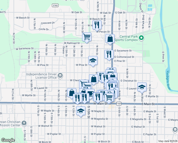 map of restaurants, bars, coffee shops, grocery stores, and more near 517 North 10th Street in Independence