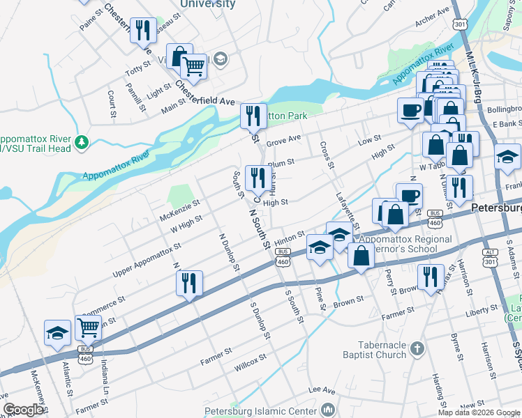map of restaurants, bars, coffee shops, grocery stores, and more near 715 High Street in Petersburg