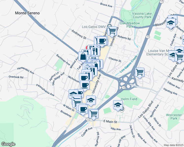 map of restaurants, bars, coffee shops, grocery stores, and more near 335 North Santa Cruz Avenue in Los Gatos