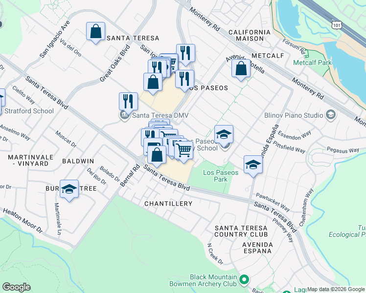 map of restaurants, bars, coffee shops, grocery stores, and more near 191 Sunwood Meadows Place in San Jose