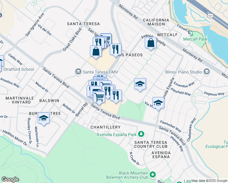 map of restaurants, bars, coffee shops, grocery stores, and more near 160 Sunwood Meadows Place in San Jose