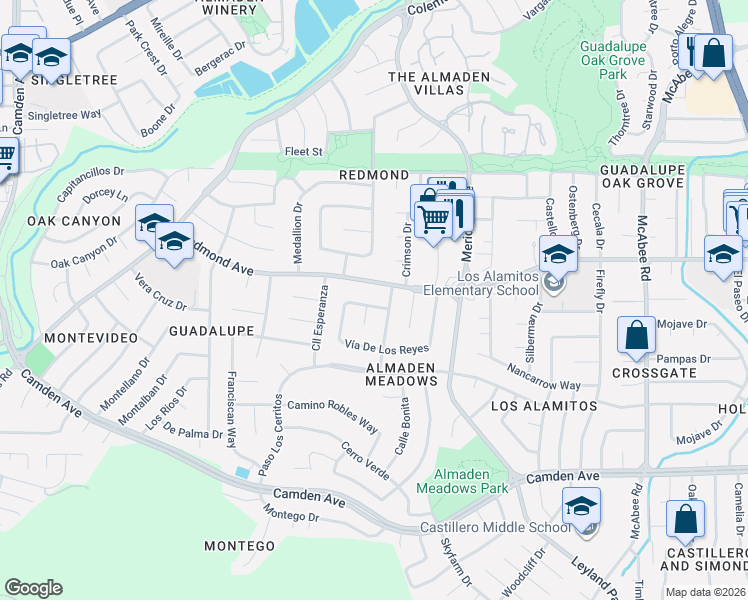 map of restaurants, bars, coffee shops, grocery stores, and more near 1388 Redmond Avenue in San Jose