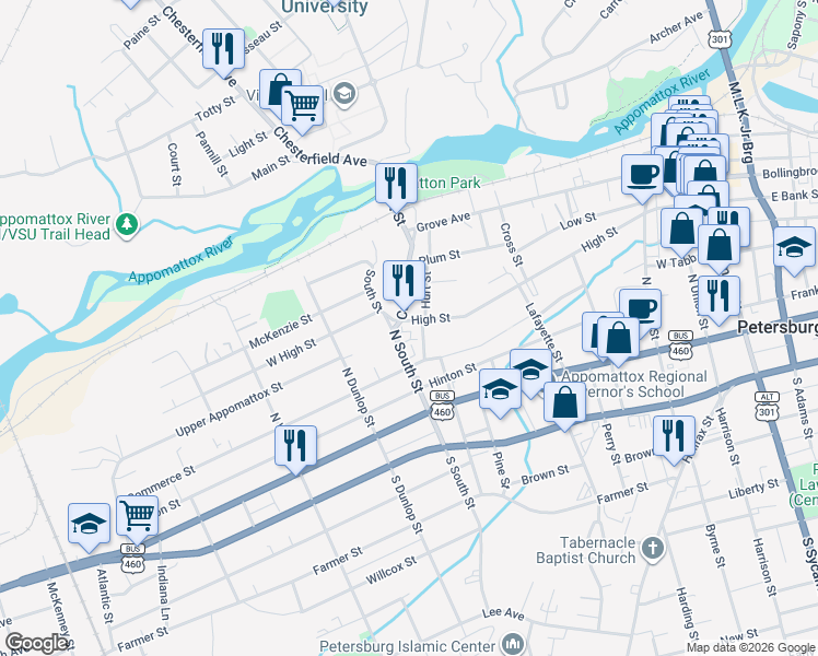 map of restaurants, bars, coffee shops, grocery stores, and more near 715 High Street in Petersburg