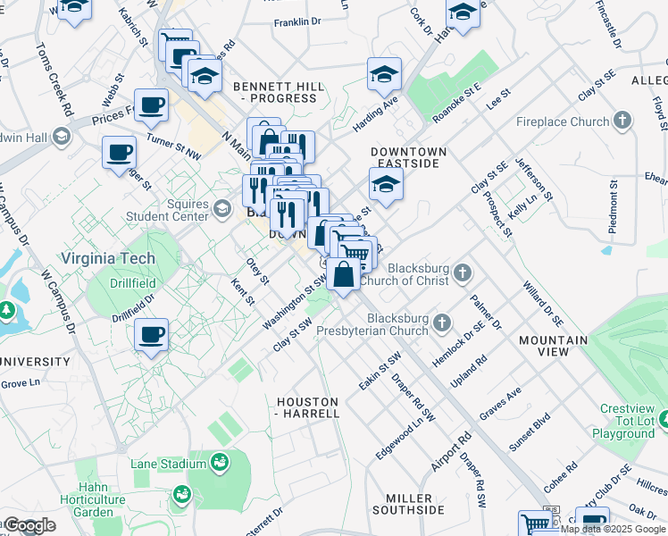map of restaurants, bars, coffee shops, grocery stores, and more near 204 Church Street Northeast in Blacksburg