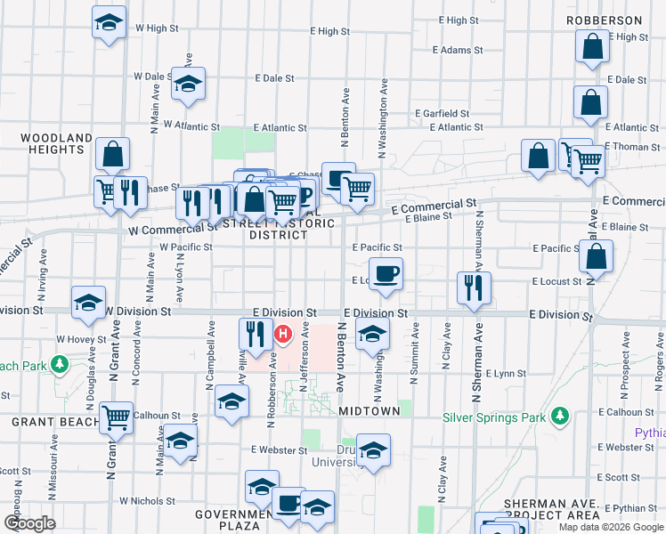 map of restaurants, bars, coffee shops, grocery stores, and more near 1635 North Benton Avenue in Springfield