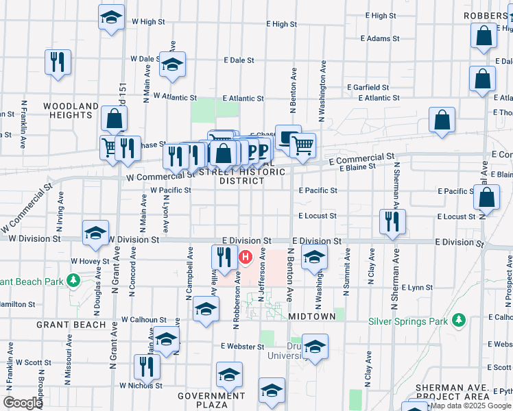 map of restaurants, bars, coffee shops, grocery stores, and more near 1639 North Jefferson Avenue in Springfield