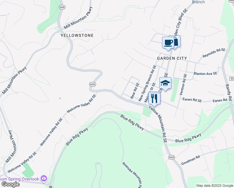map of restaurants, bars, coffee shops, grocery stores, and more near 3568 Yellow Mountain Road Southeast in Roanoke