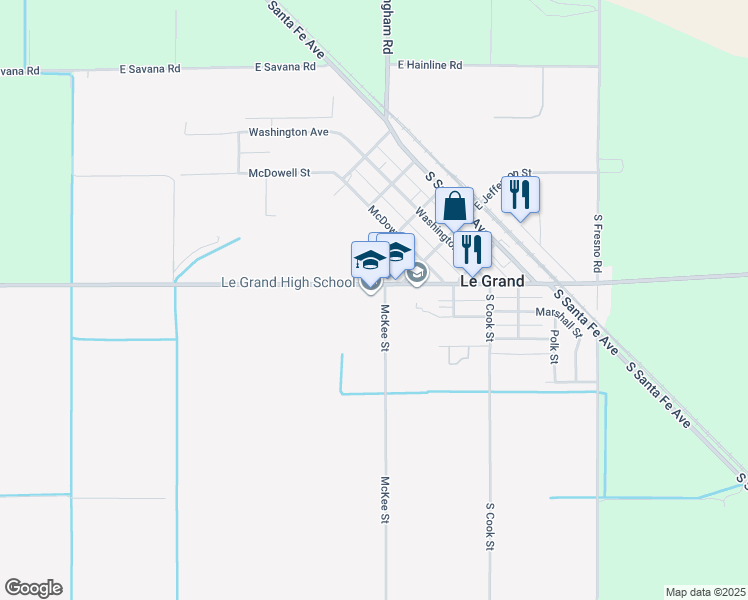map of restaurants, bars, coffee shops, grocery stores, and more near 12961 East Le Grand Road in Le Grand