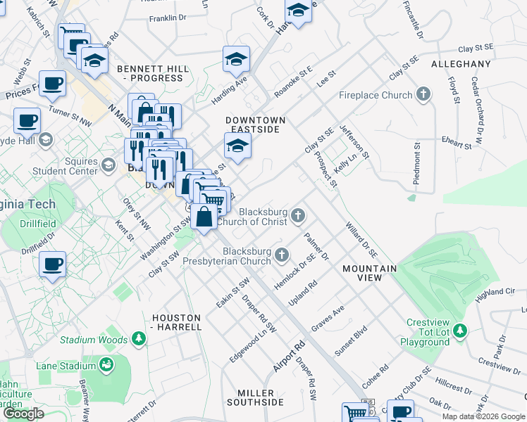 map of restaurants, bars, coffee shops, grocery stores, and more near Miller Street Southwest in Blacksburg