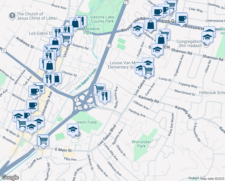 map of restaurants, bars, coffee shops, grocery stores, and more near 182 Cuesta De Los Gatos in Los Gatos