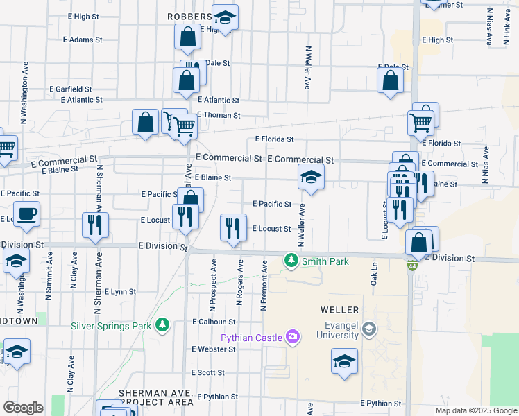 map of restaurants, bars, coffee shops, grocery stores, and more near 1368 East Pacific Street in Springfield
