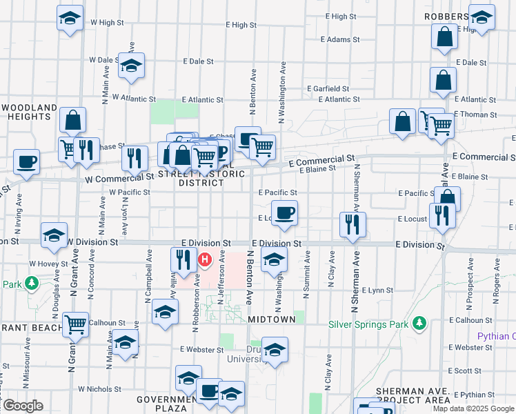 map of restaurants, bars, coffee shops, grocery stores, and more near 522 East Pacific Street in Springfield
