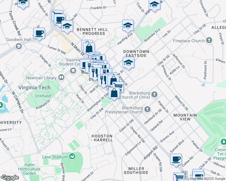 map of restaurants, bars, coffee shops, grocery stores, and more near 204 Church Street Northeast in Blacksburg