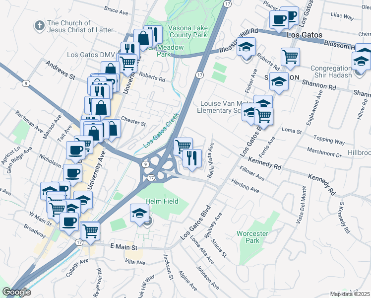 map of restaurants, bars, coffee shops, grocery stores, and more near 439 Alberto Way in Los Gatos