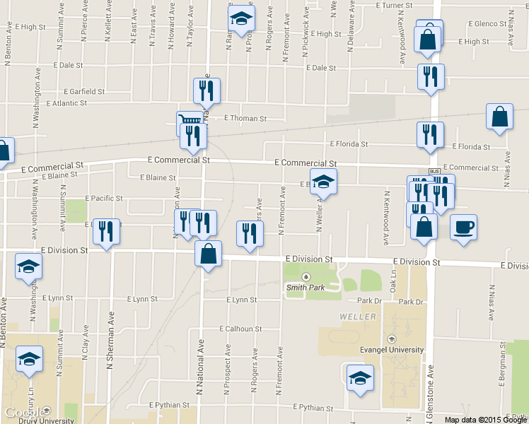 map of restaurants, bars, coffee shops, grocery stores, and more near 1634 North Rogers Avenue in Springfield