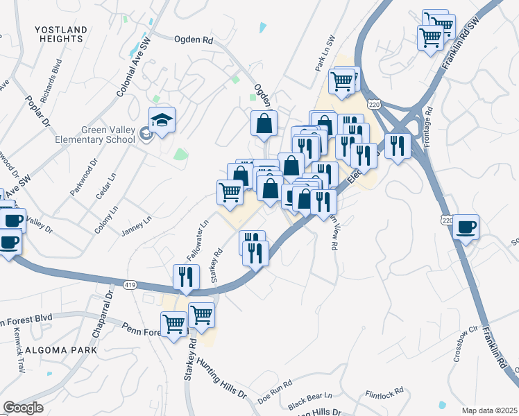 map of restaurants, bars, coffee shops, grocery stores, and more near 4387 Starkey Road in Roanoke