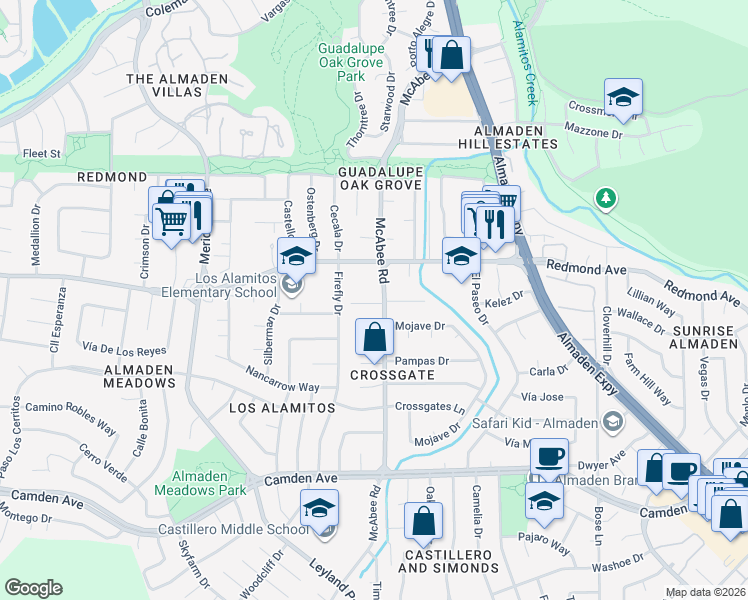 map of restaurants, bars, coffee shops, grocery stores, and more near 6198 McAbee Road in San Jose