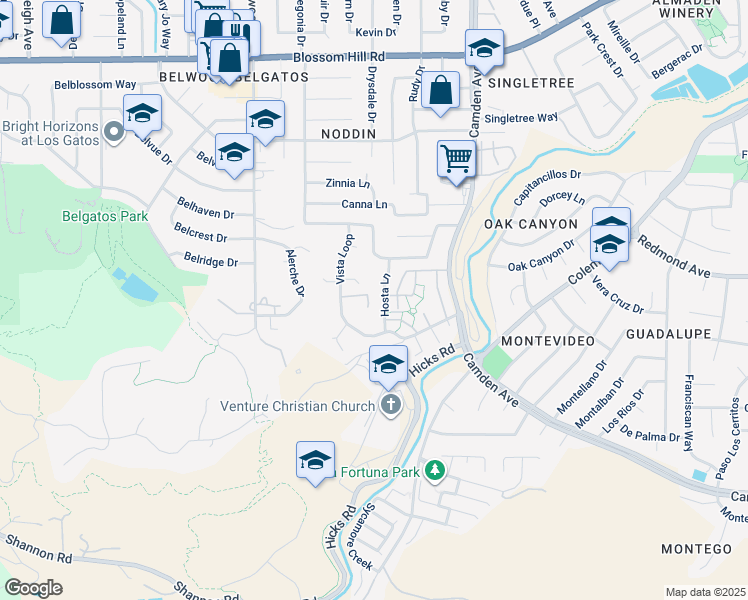 map of restaurants, bars, coffee shops, grocery stores, and more near 5957 Hosta Lane in San Jose