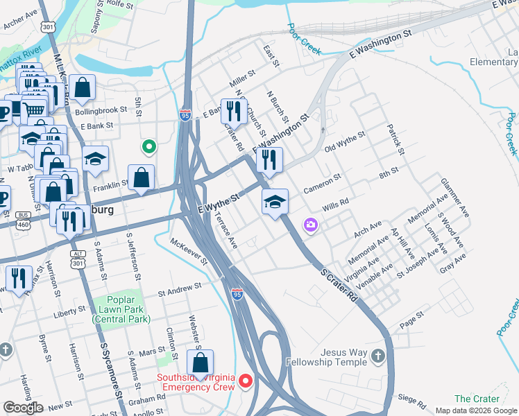 map of restaurants, bars, coffee shops, grocery stores, and more near 128 South Crater Road in Petersburg