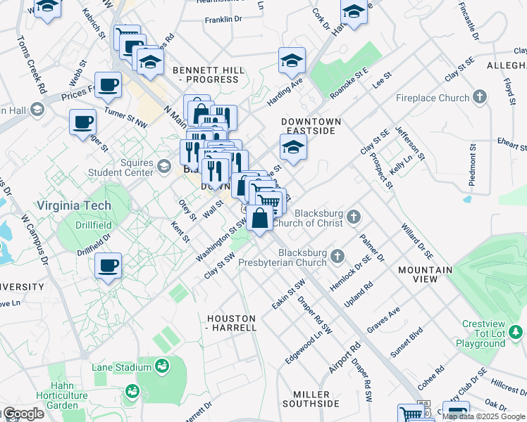map of restaurants, bars, coffee shops, grocery stores, and more near 204 Church Street Northeast in Blacksburg