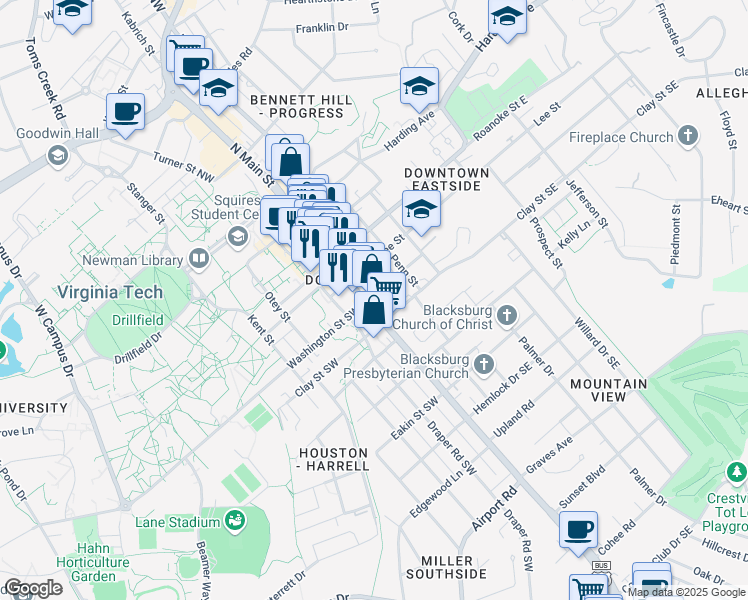 map of restaurants, bars, coffee shops, grocery stores, and more near 204 Church Street Northeast in Blacksburg