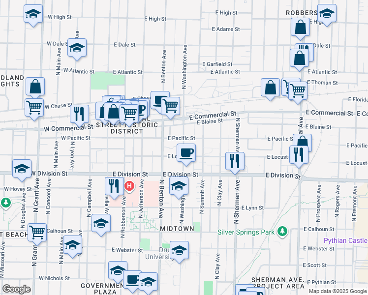 map of restaurants, bars, coffee shops, grocery stores, and more near 1628 North Washington Avenue in Springfield