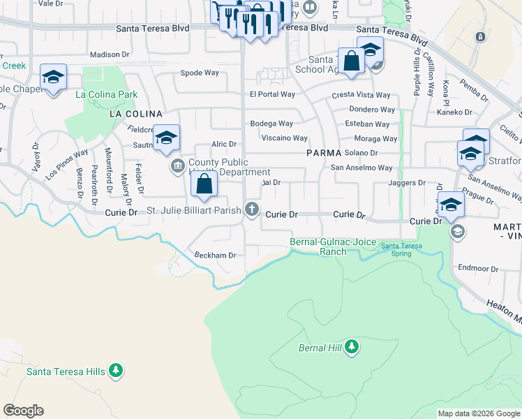 map of restaurants, bars, coffee shops, grocery stores, and more near 367 Curie Drive in San Jose