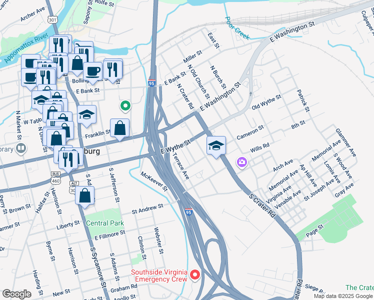 map of restaurants, bars, coffee shops, grocery stores, and more near 114 Clayton Street in Petersburg