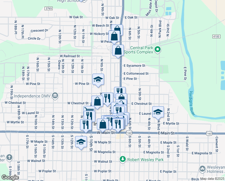 map of restaurants, bars, coffee shops, grocery stores, and more near 500-598 North 8th Street in Independence