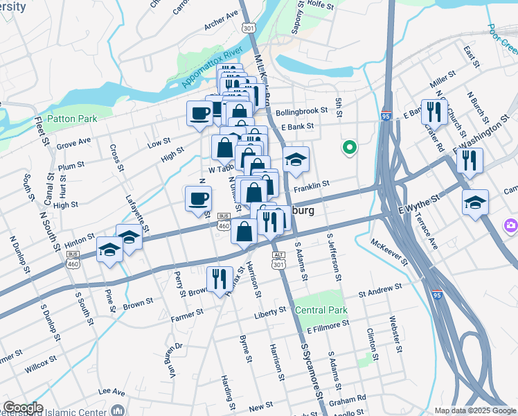 map of restaurants, bars, coffee shops, grocery stores, and more near 14 Franklin Street in Petersburg
