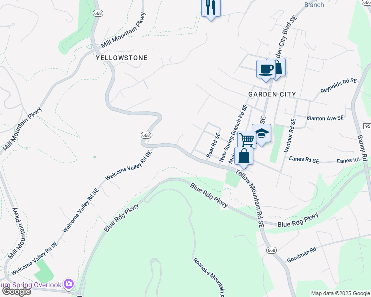 map of restaurants, bars, coffee shops, grocery stores, and more near 3568 Yellow Mountain Road Southeast in Roanoke
